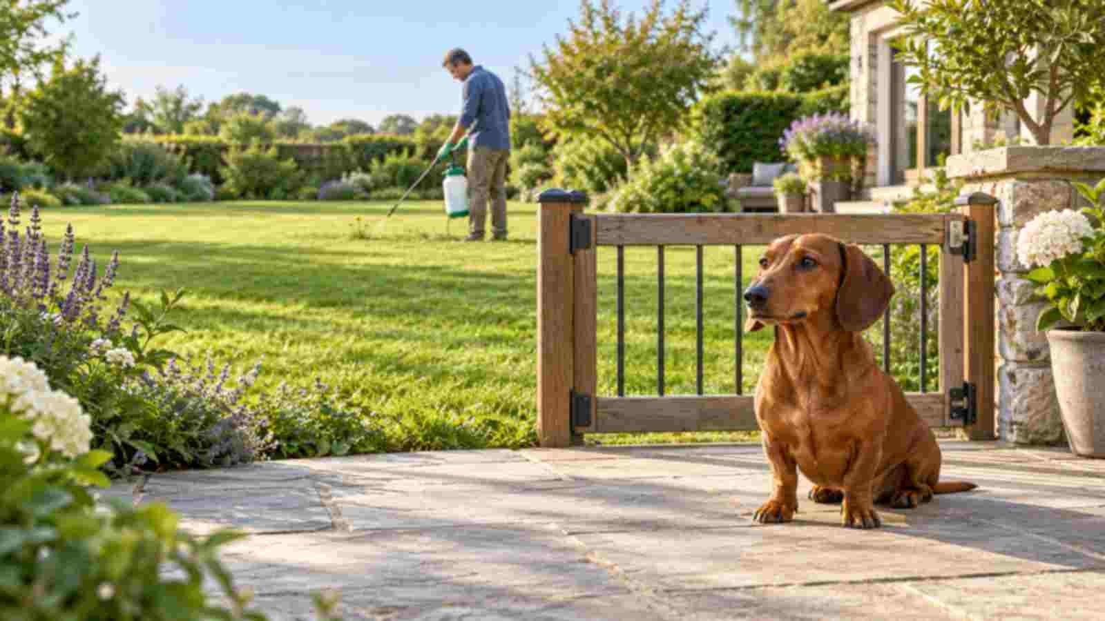 A dachshund waits behind a closed garden gate while a lawn is spot-treated for weeds