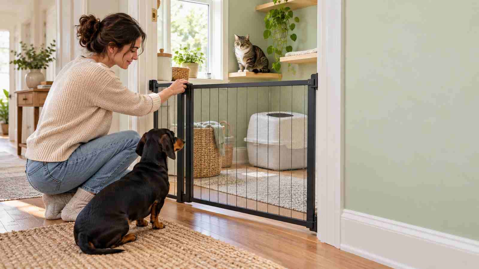 A dog owner closes a pet gate to keep a dachshund out of a clean cat litter room